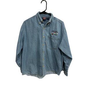 Vintage Common Sense Denim Shirt Blue Sz Medium Nubble Light Embroidery Retro